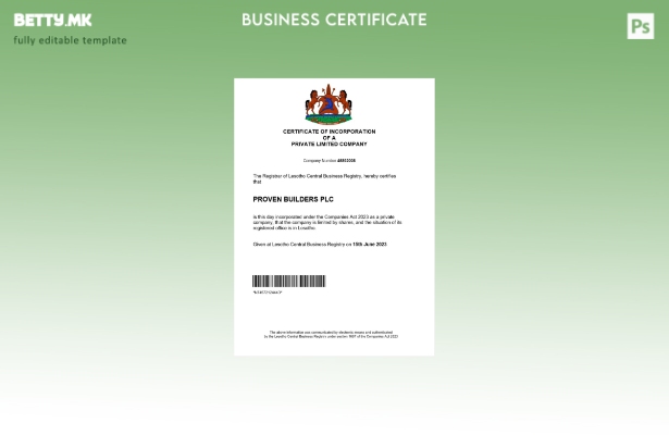 модерен стил Сертификат за регистрација на компанија од Лесото Шаблон за шаблон 